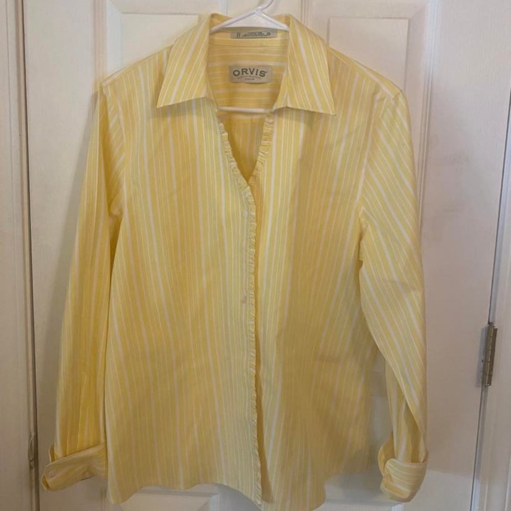 Orvis Yellow Button Down Ruffle Trim Blouse 14